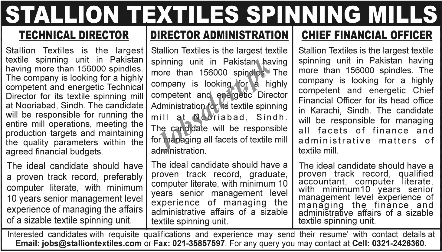 Technical Director Jobs in Stallion Textiles Spinning Mills Karachi