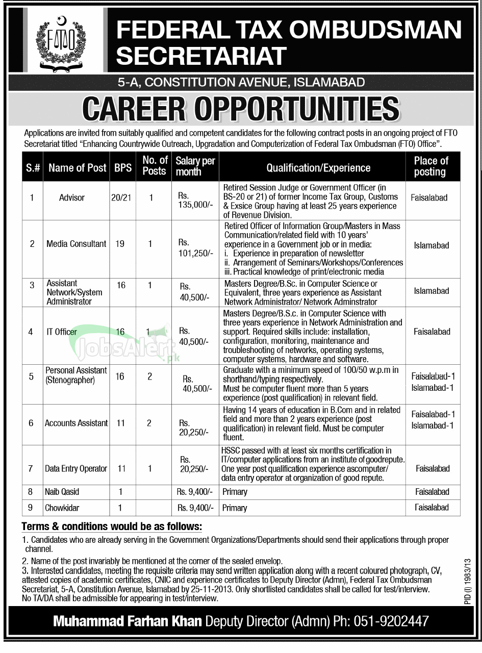 Advisor & Media Consultant Jobs in Federal Tax Ombudsman Secretariat