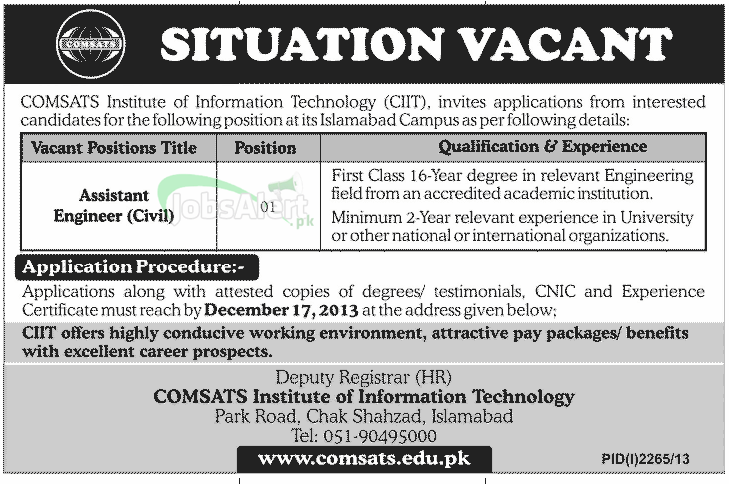 Assistant Engineer Jobs in COMSAT (CIIT) Islamabad