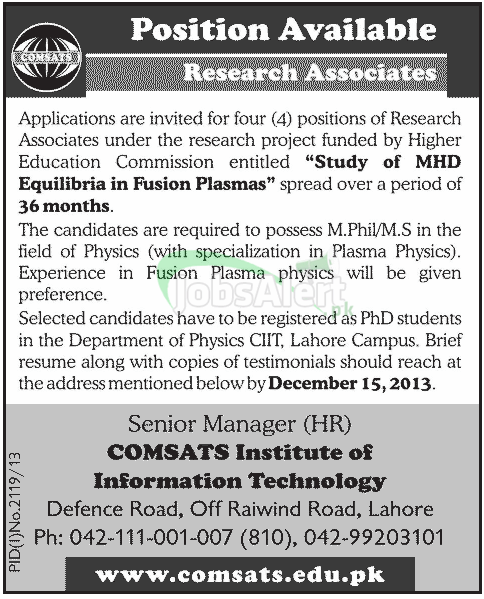 COMSATS Lahore Campus Jobs for Research Associate