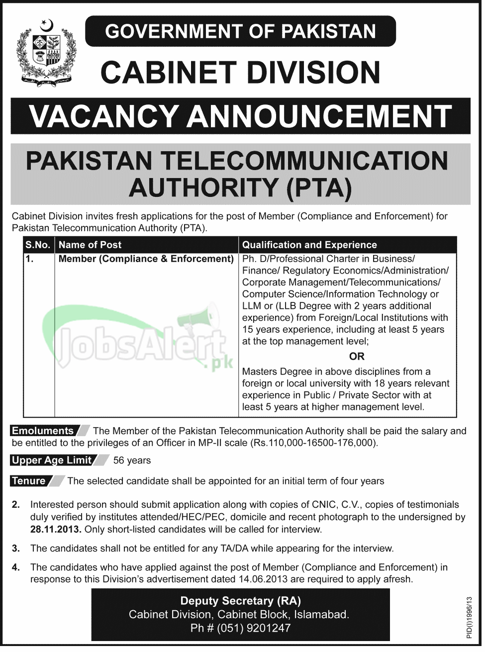 Cabinet Division Pakistan Telecommunication Authority PTA Jobs for Member