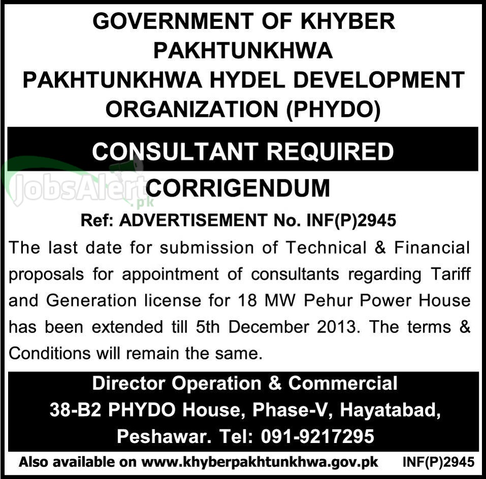 Consultant Jobs in Pakhtunkhwa Hydel Development Govt of KPK