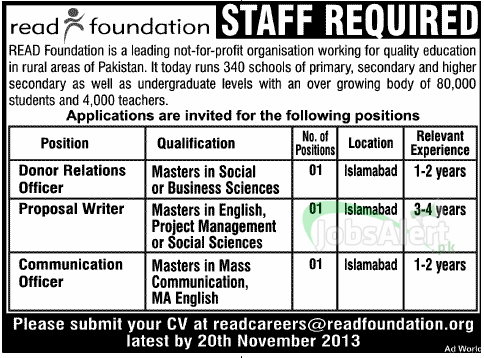 Donor Relations Officer & Proposal Writer Jobs in Read Foundation Islamabad