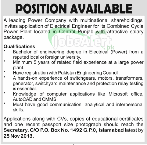 Electrical Engineer Jobs in Power Company Islamabad