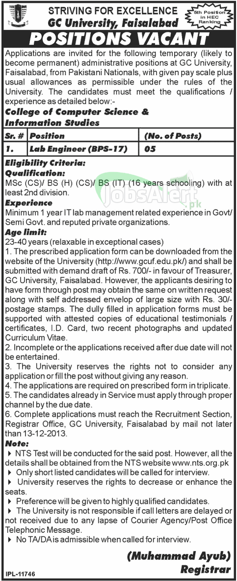 GC University Faisalabad Jobs for Lab Engineer