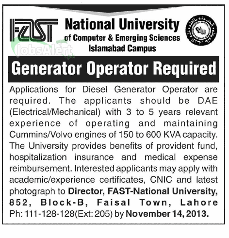 Generator Operator Jobs in Fast University Islamabad Campus