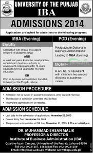 IBA University Of The Punjab MBA Admissions 2014