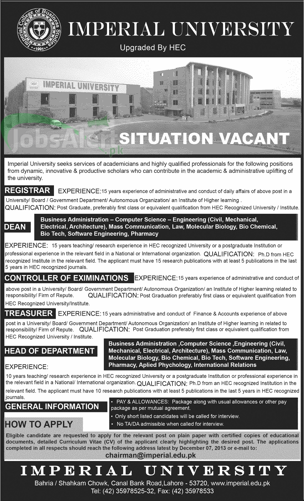 Imperial University Lahore Jobs for Registrar, Dean & Treasurer