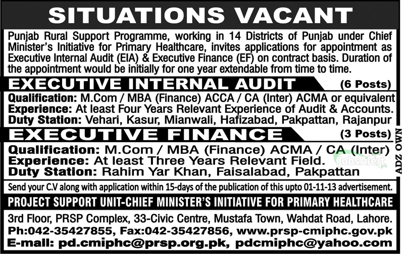 Internal Audit & Executive Finance Jobs in Punjab Rural Programme Lahore