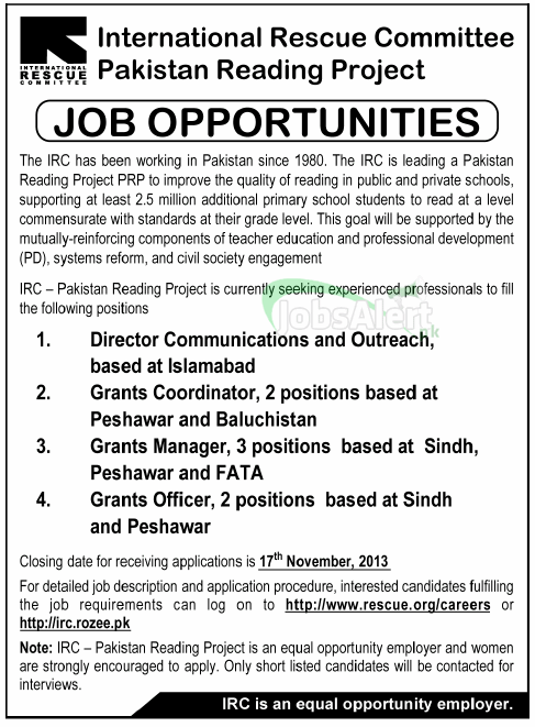 International Rescue Committee Peshawar Jobs for Grants Coordinator