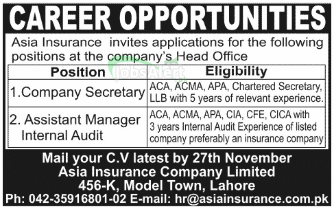 Jobs for Company Secretary & Manager in Asia Insurance Lahore