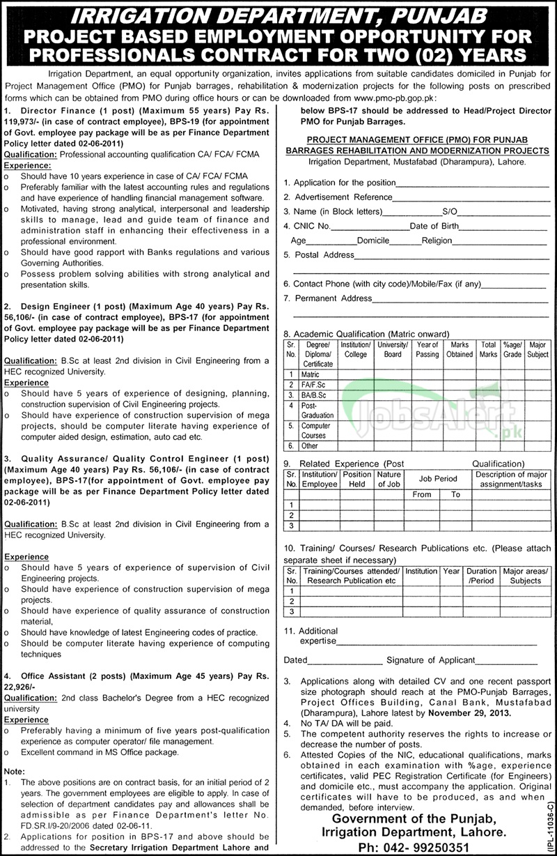 Jobs for Director Finance & Disign Engineer in Irrigation Department Punjab