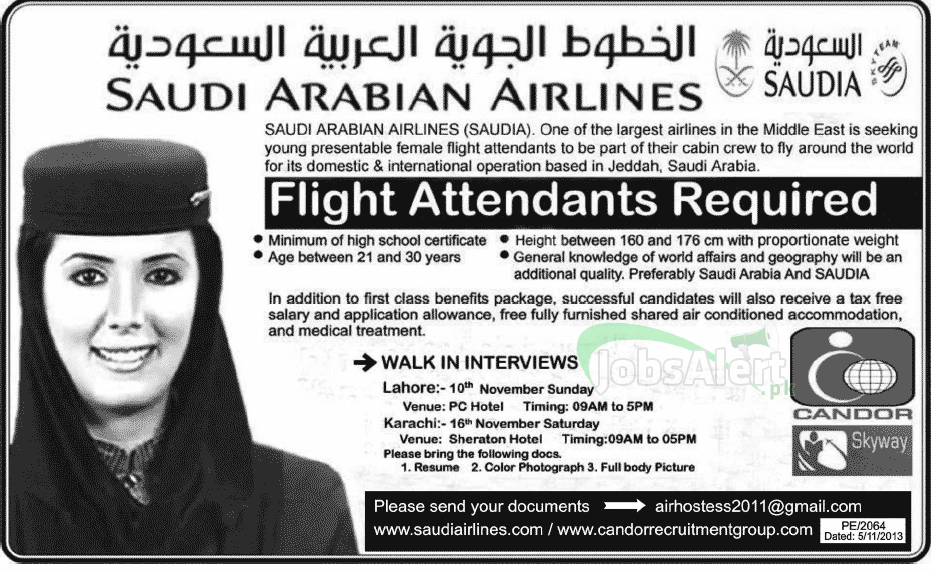 Jobs for Female Flight Attendant in Saudi Arabians Airlines
