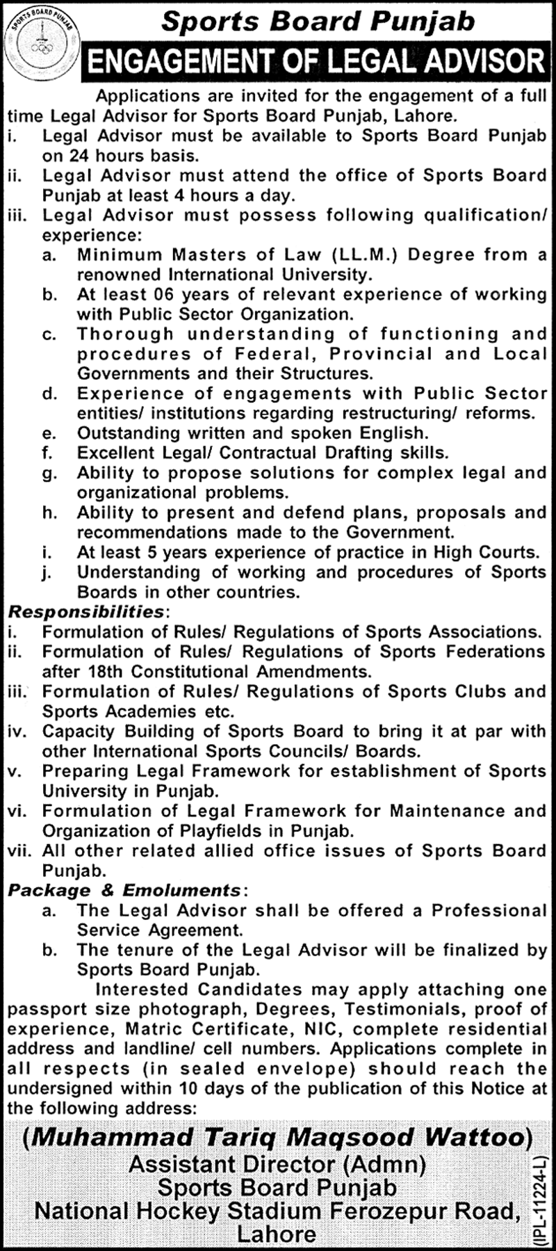 Jobs for Legal Advisor in Sports Board Punjab