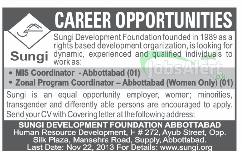Jobs for MIS Coordinator in Sungi Development Foundation Abbottabad