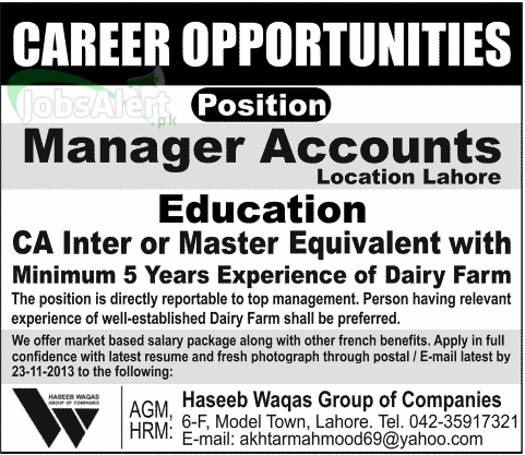 Jobs for Manager Accounts in Haseeb Waqas Group of Companies Lahore