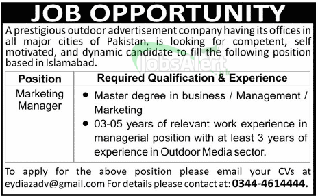 Jobs for Marketing Manager in Prestigious Outdoor Advertisement Company