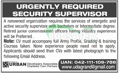 Jobs for Security Supervisor in URBAN Development Lahore