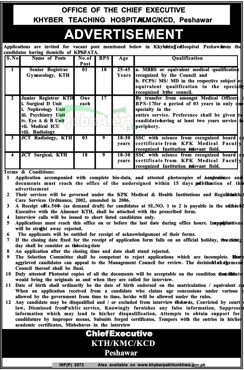 Jobs for Senior Registrar in Khyber Teaching Hospital Peshawar