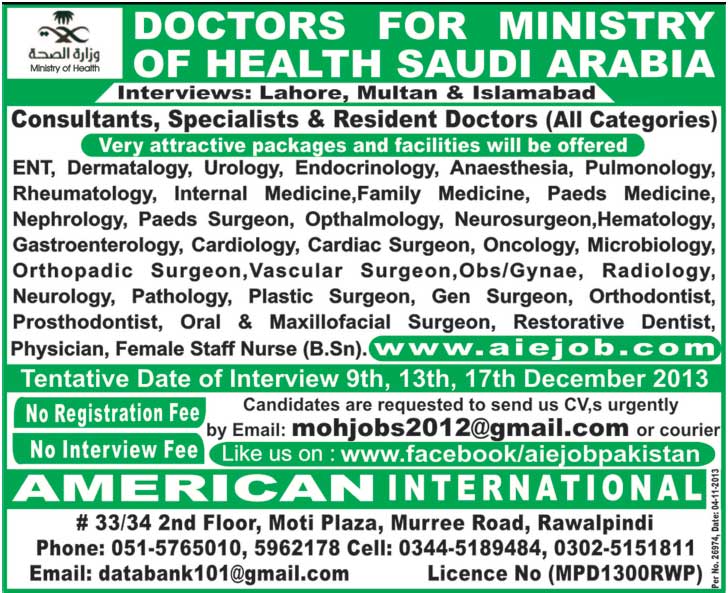 Jobs in Saudi Arabia for Consultant & Doctor