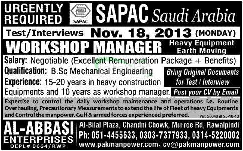 Jobs in Saudi Arabia for Workshop Manager