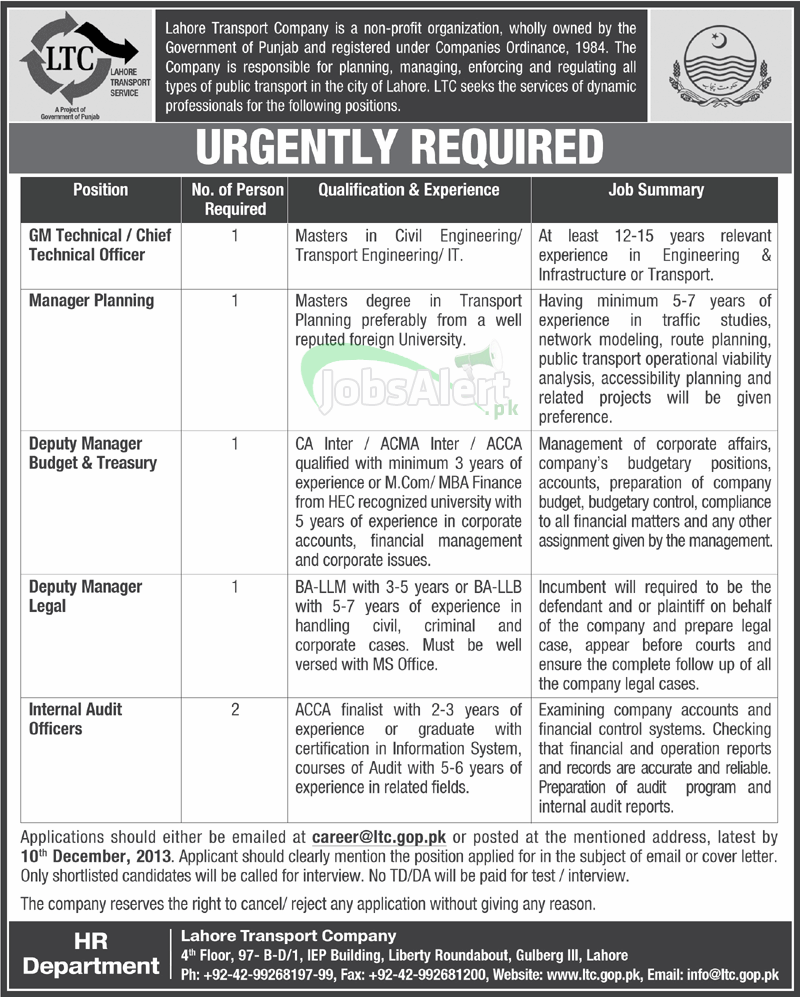 Lahore Transport Company Jobs for Chief Technical Officer