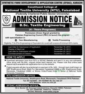 NTU - National Textile University Faisalabad Admission 2013