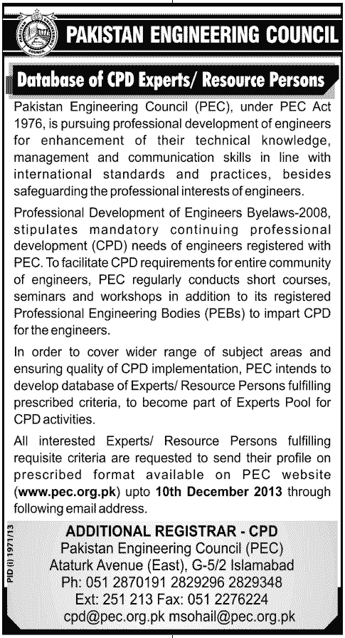 Pakistan Engineering Council Jobs for Data Base of CPD Experts