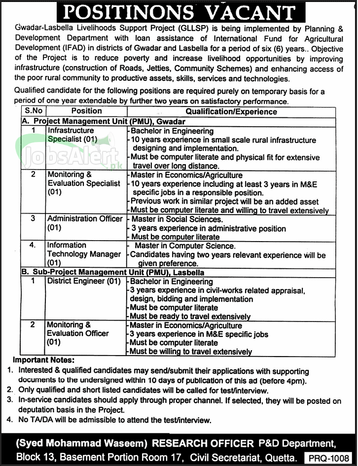 Planning & Development Gwadar-Lasbela Project Quetta Jobs Required