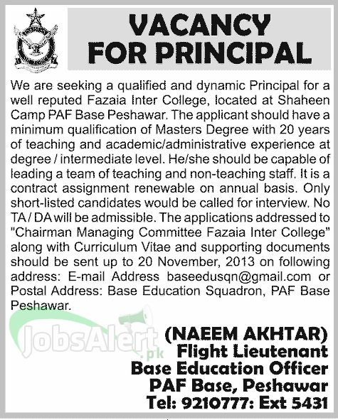 Principal Jobs in Fazaia Inter College Peshawar