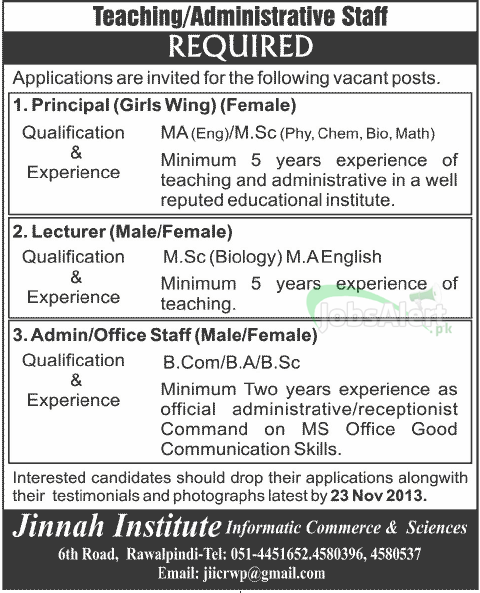 Principal & Lecturer Jobs in Jinnah Institute Rawalpindi