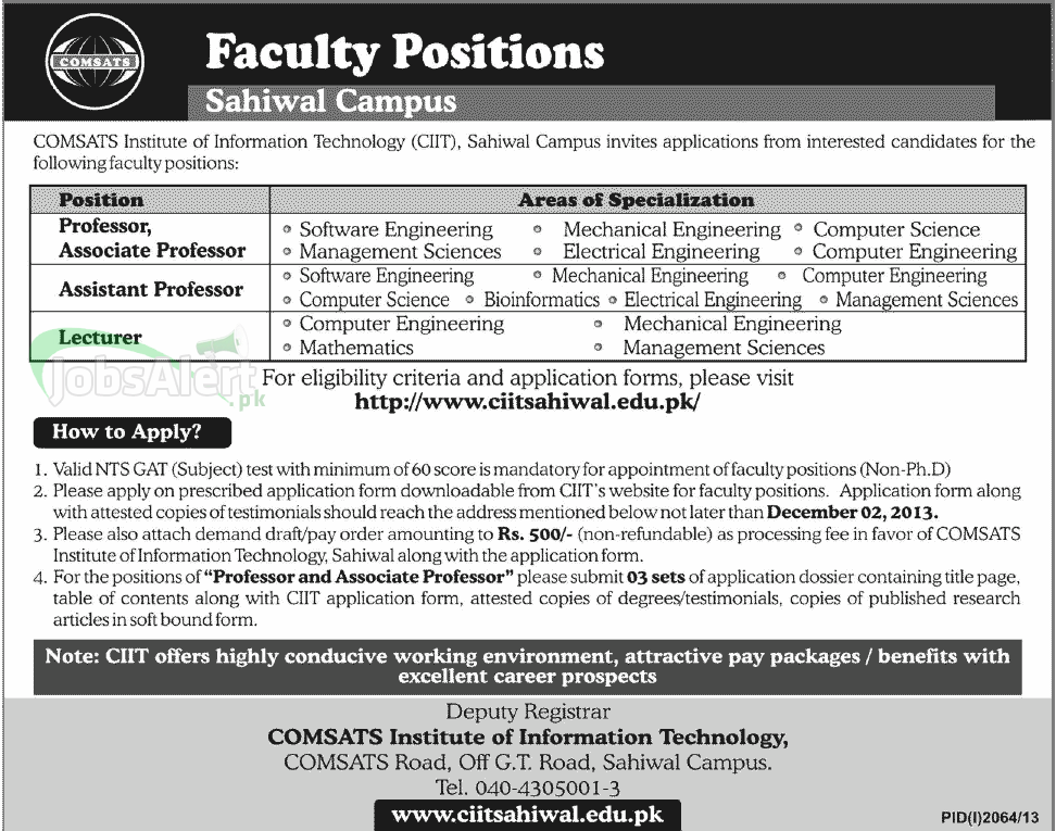 Professor & Lecturer Jobs in COMSATS Sahiwal Campus