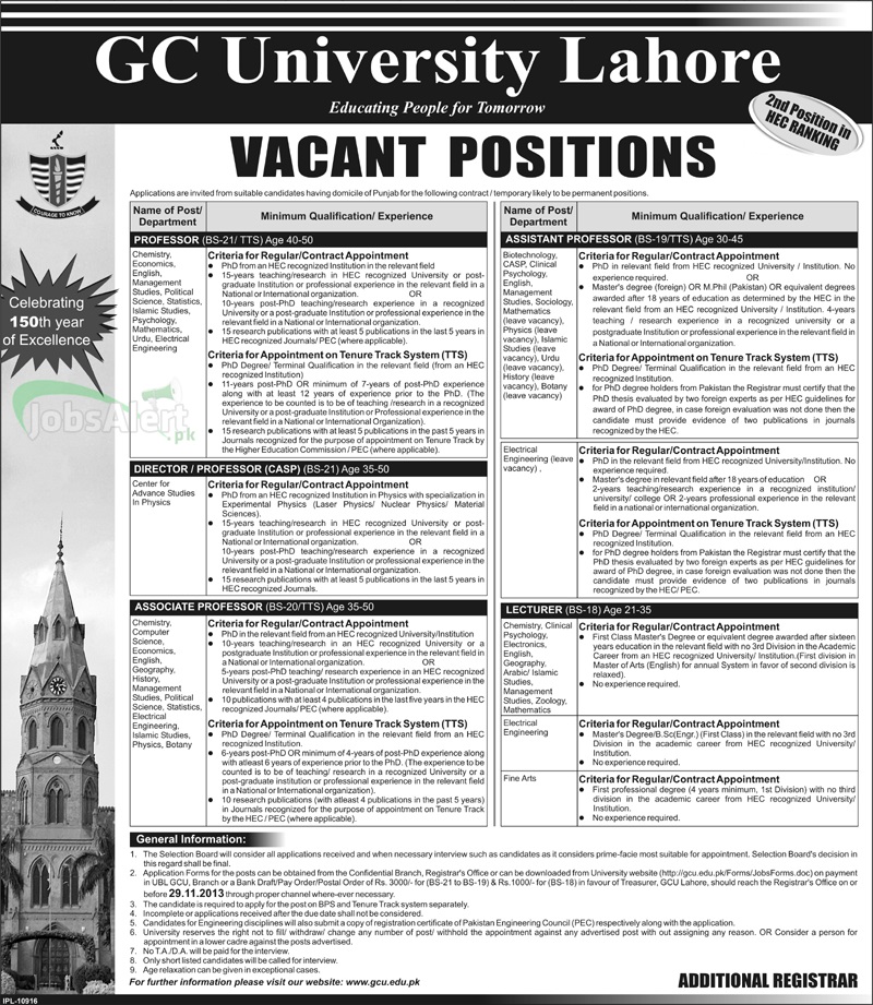 Professor & Lecturer Jobs in GC University Lahore