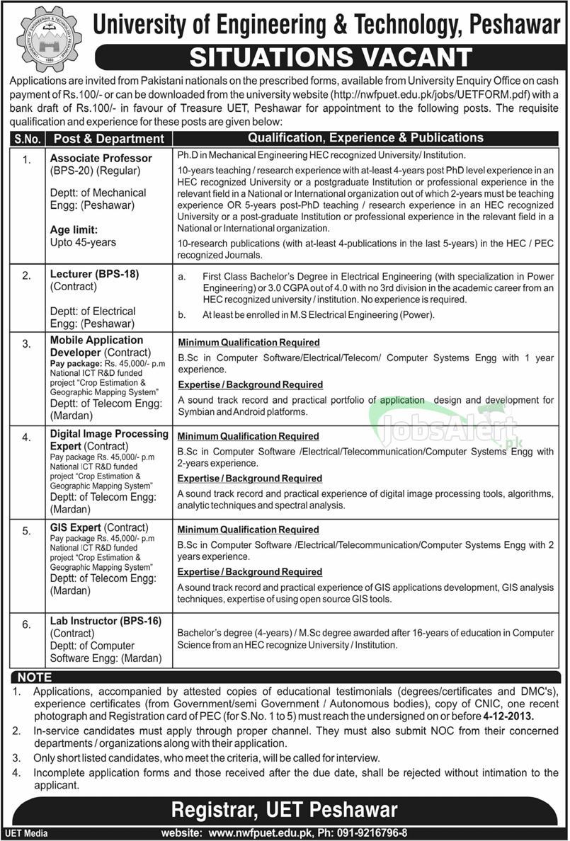 Professor & Lecturer Jobs in UET Peshawar