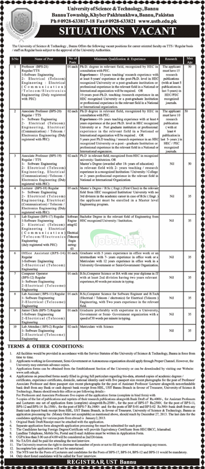 Professor & Lecturer Jobs in University of Science & Technology Bannu