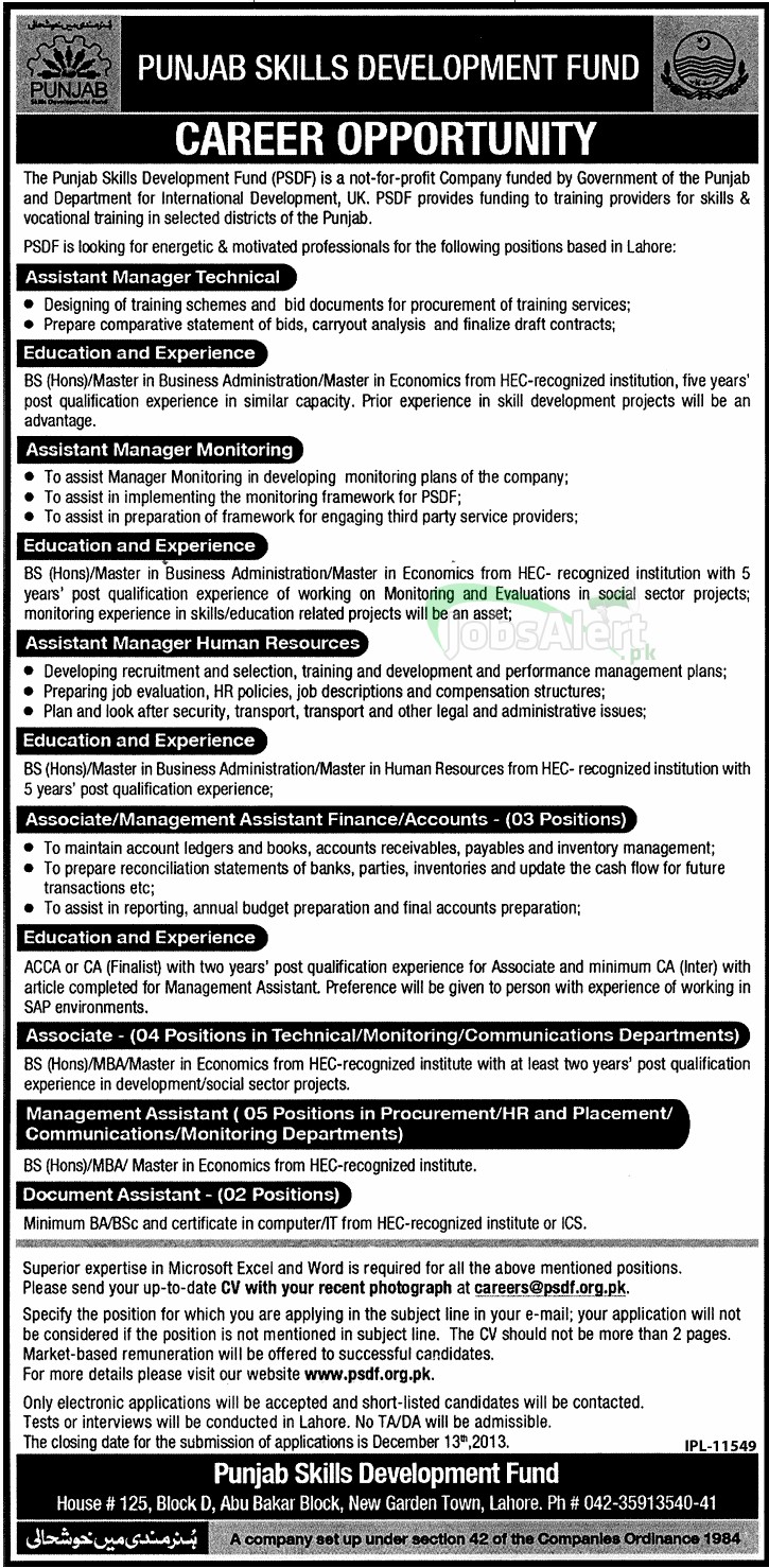 Punjab Skill Development Fund Lahore Jobs for Assistant Manager
