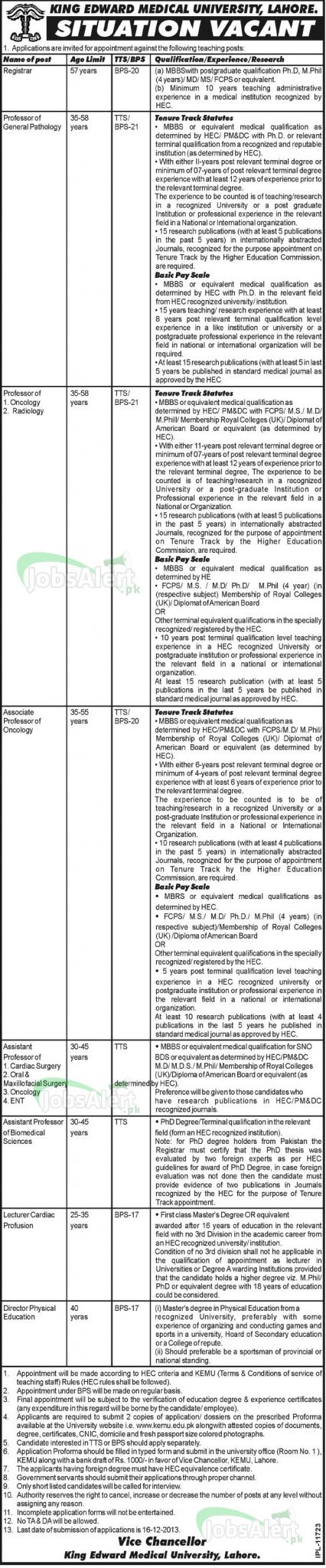 Registrar & Professor Jobs in King Edward Medical University Lahore