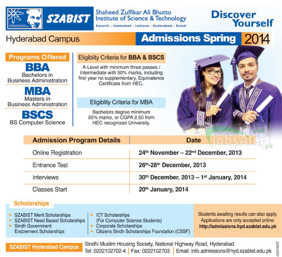 SZABIST Spring BBA, MBA, BSCS Admissions 2014 Hyderabad