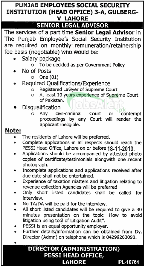 Senior Legal Advisor Jobs in Punjab Employees Institution Lahore