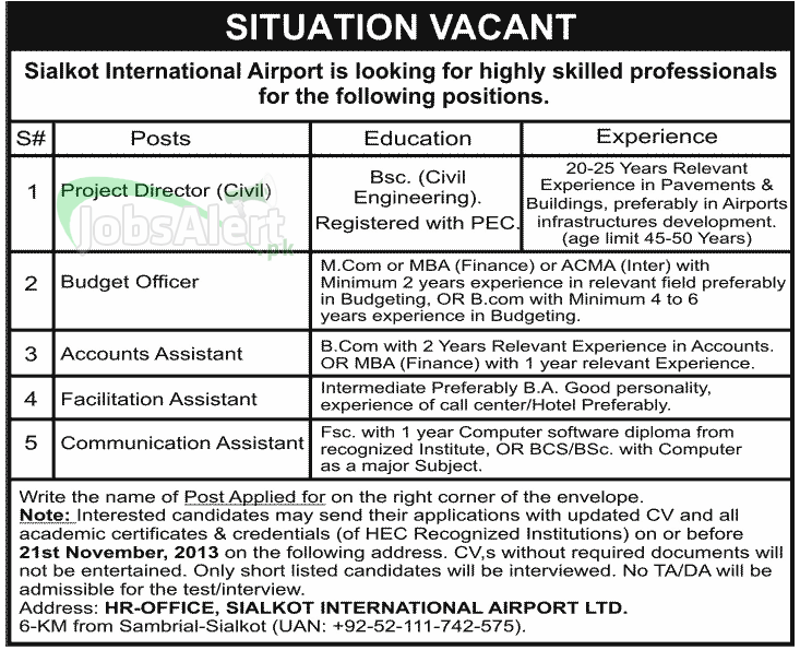 Sialkot International Airport Jobs for Project Director & Accounts Assistant