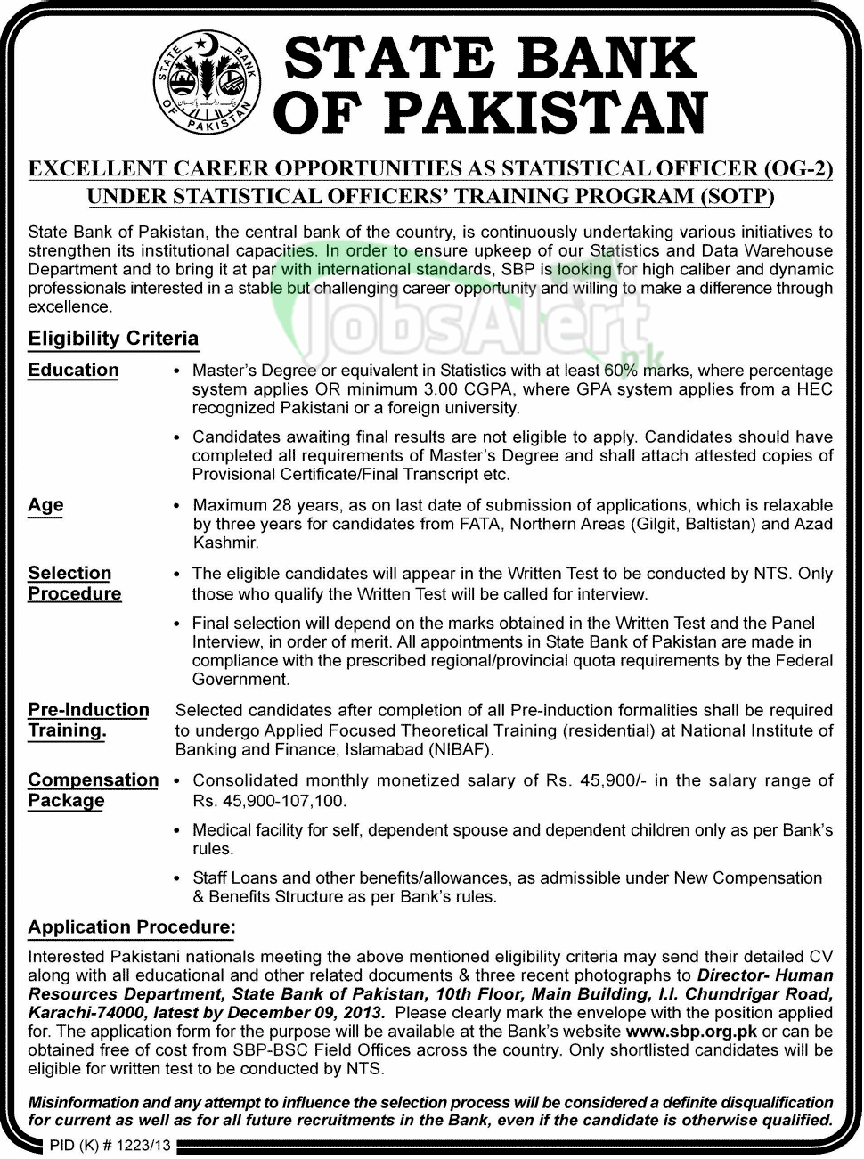 State Bank of Pakistan Jobs for Statistical Officer (OG-2) Karachi
