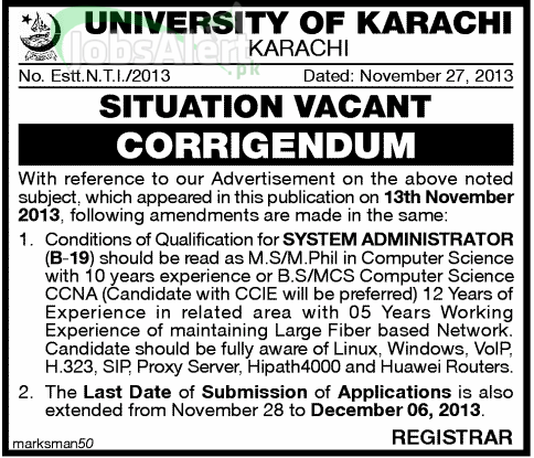 System Administrator Jobs in University of Karachi