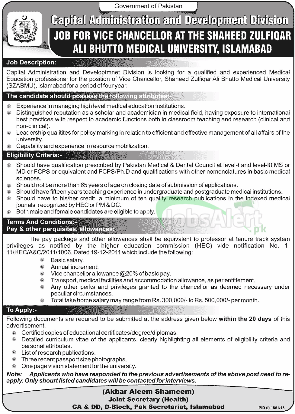 Vice Chancellor Jobs in SZAB Medical University Islamabad