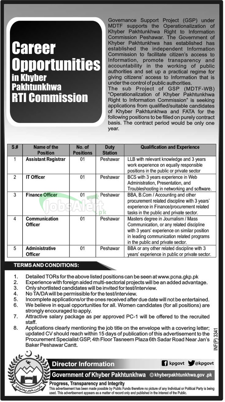 Assistant Registrar & IT Officer Jobs in Khyber Pakhtunkhwa RTI