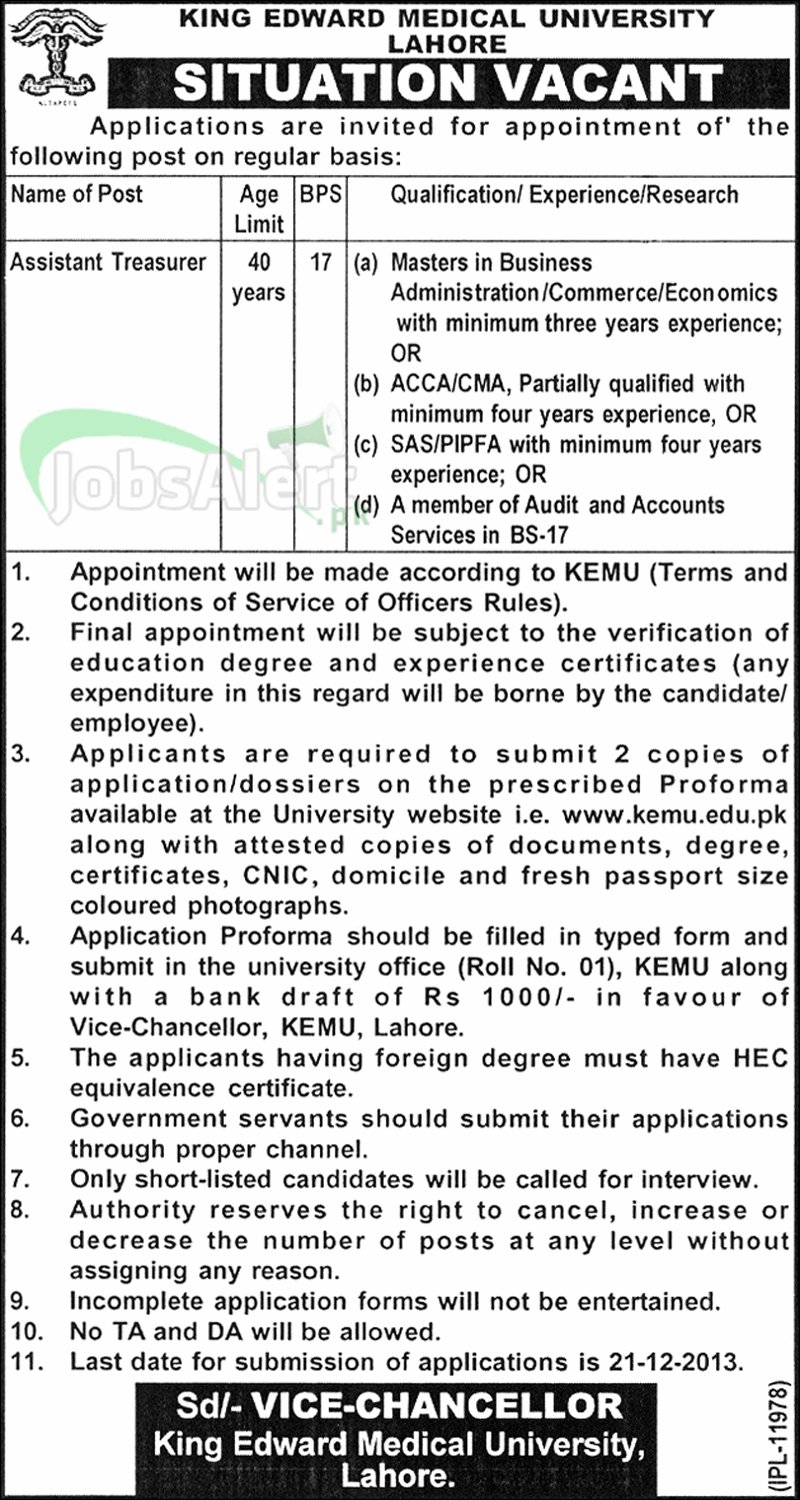 Assistant Treasurer Jobs in King Edward Medical University Lahore