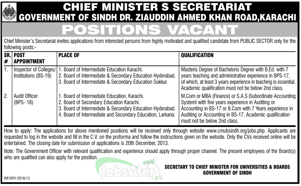 Audit Officer Jobs in Chief Ministers Secretariat Government of Sindh