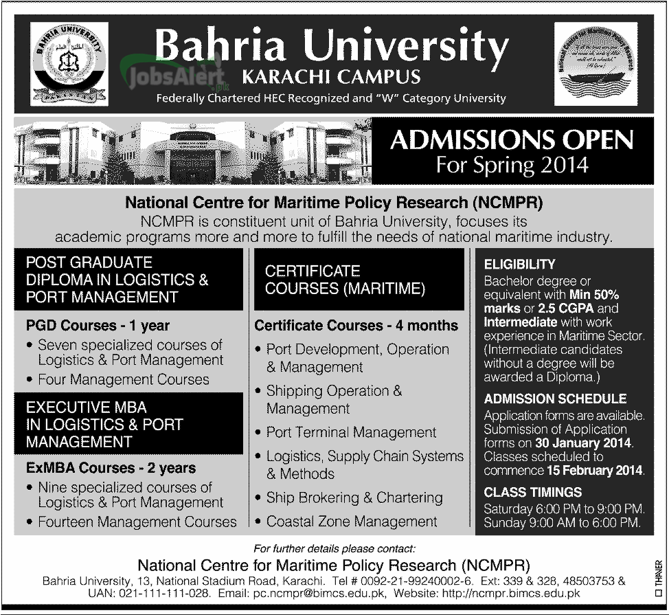 Bahria University Karachi Campus Admissions Open 2014