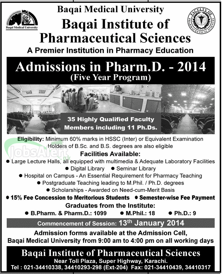 Baqai Medical University Pharm.D Admissions 2014