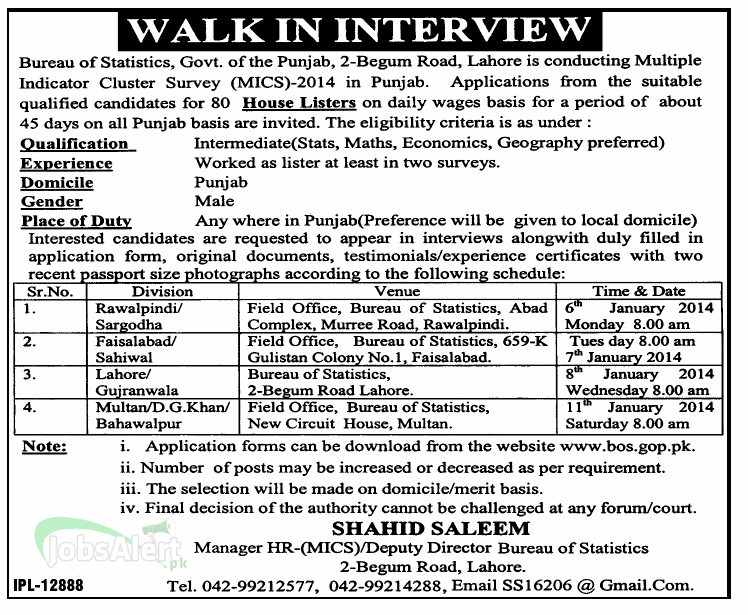 Bureau of Statistics Jobs in Lahore Government of Punjab