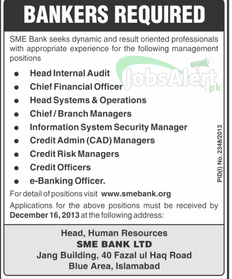 Chief Financial Officer & Branch Manager Jobs in SME Bank Ltd Islamabad